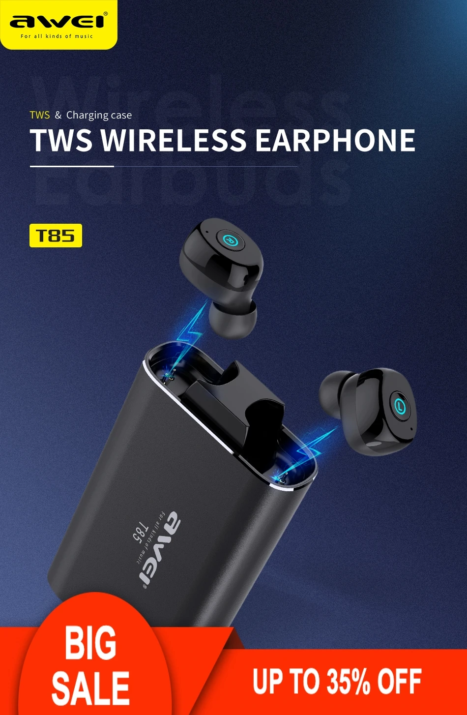 

AWEI T85 TWS Wireless Earbuds Bluetooth 5.0 1800mAh Power bank Mini Bluetooth Earphone Headphones With Dual Microphone For Phone