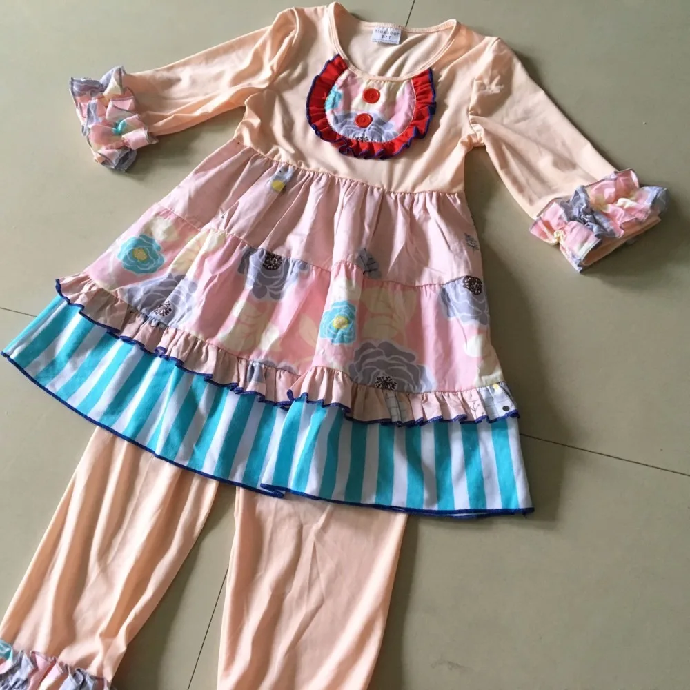

2017Hot Sale Summer and Autumn striped pattern and Ruffle cloth Baby Girls Dress with a Bib and 2 Buttons For birthday's present
