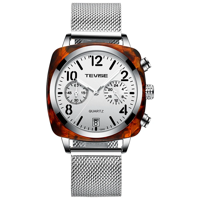 TEVISE, модные повседневные мужские часы, T860, ремешок из нержавеющей стали, Лидирующий бренд, водонепроницаемые, автоматические, механические, Роскошные, Relogio Masculino - Цвет: silver white
