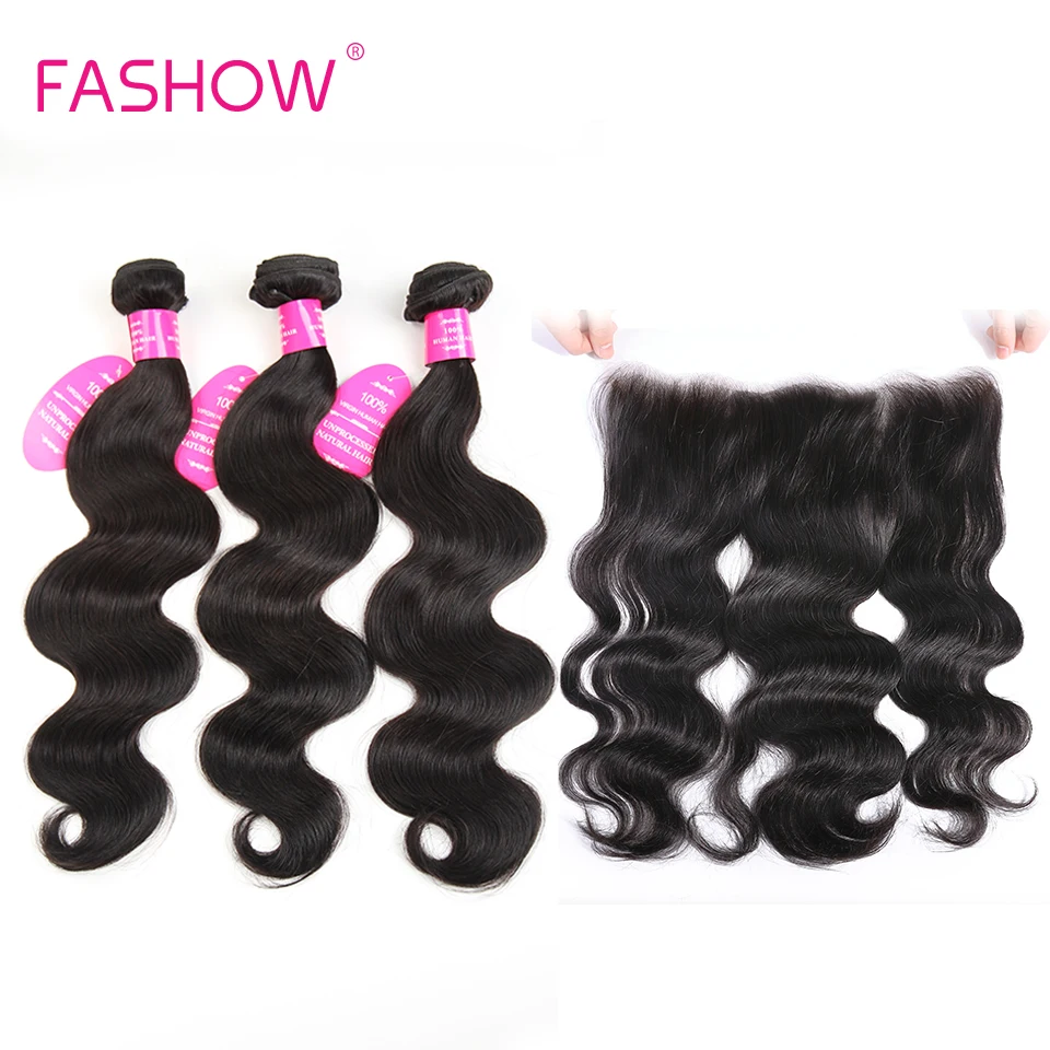 Mèches brésiliennes Non Remy avec Frontal-Fashow, cheveux naturels Lace Frontal Closure, Body Wave, lots de 3