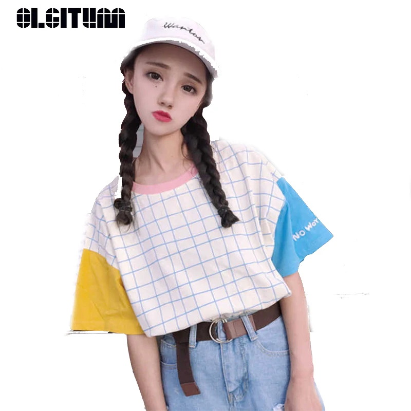 

New 2019 Summer Women Version of the Cute Wild Loose Stitching Contrast Color Plaid Short-Sleeved Base T-Shirt Women TT428