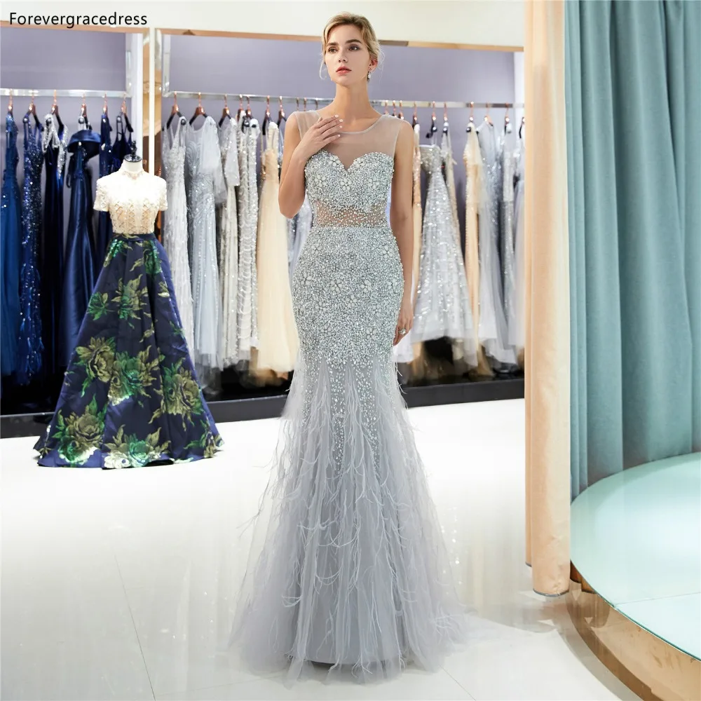 Вечерние платья Forevergracedress с перьями и русалочкой вечерние жемчужным вырезом