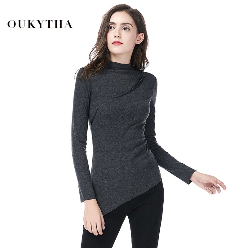 

Oukytha Female T Shirts 2018 New Autumn Women Tops Irregular Lenght Tights Thin half-high collar Bottoming Tees Winter Clothing