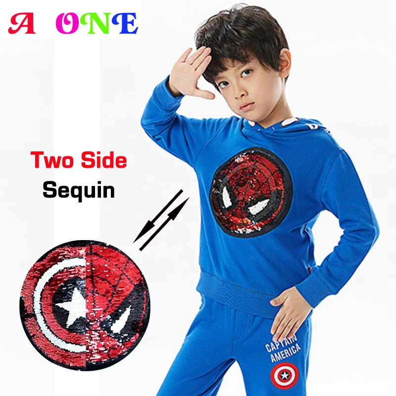 

Autumn Spring spiderman captain switchable sequin print baby boys hooded sweat shirt tee kids tshirt children tops 2 to 12 yrs