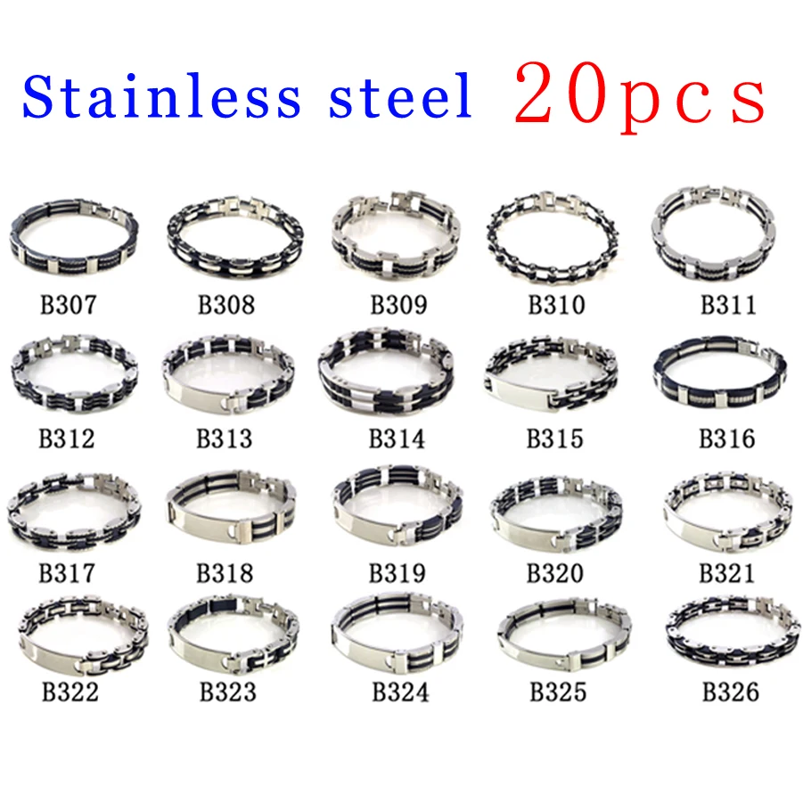20Pcs bracelet noir fil en caoutchouc de silicone acier inoxydable Bracelets Bijoux C 