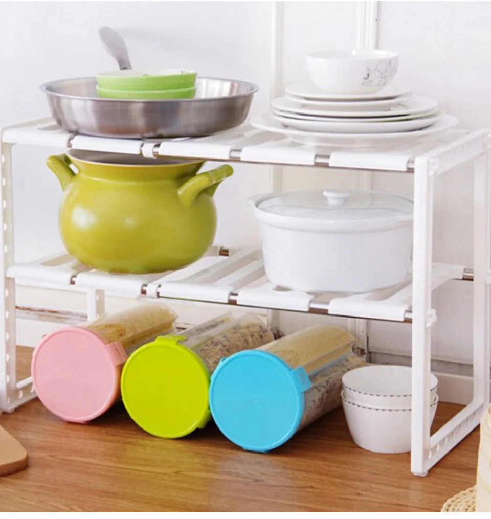 Adjustable Rack Shelf Diy Kitchen Rack Stainless Steel Pan Rack Plastic Bathroom Kitchen Organizer And Storage RackShelf Tools  (1)