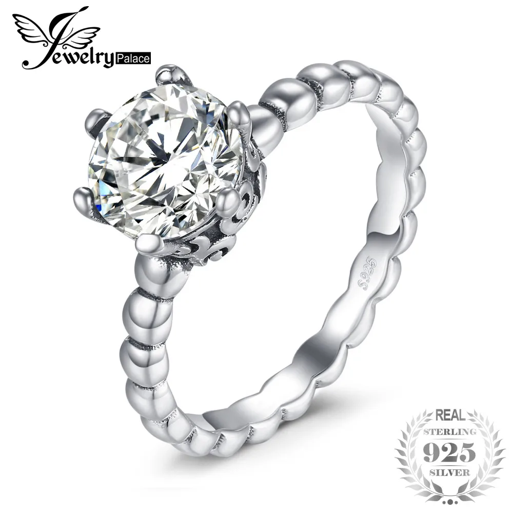 

JewelryPalace 925 Sterling Silver Beaded Band 3.4ct Cubic Zirconia Solitaire Engagement Ring New Hot Sale For Women As Gifts