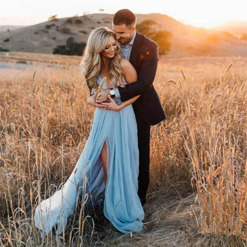 LORIE Simple Wedding Dress 2019 A Line Sexy Backless Thigh Split Sky Blue Chiffon Princess beach wedding gown with court train