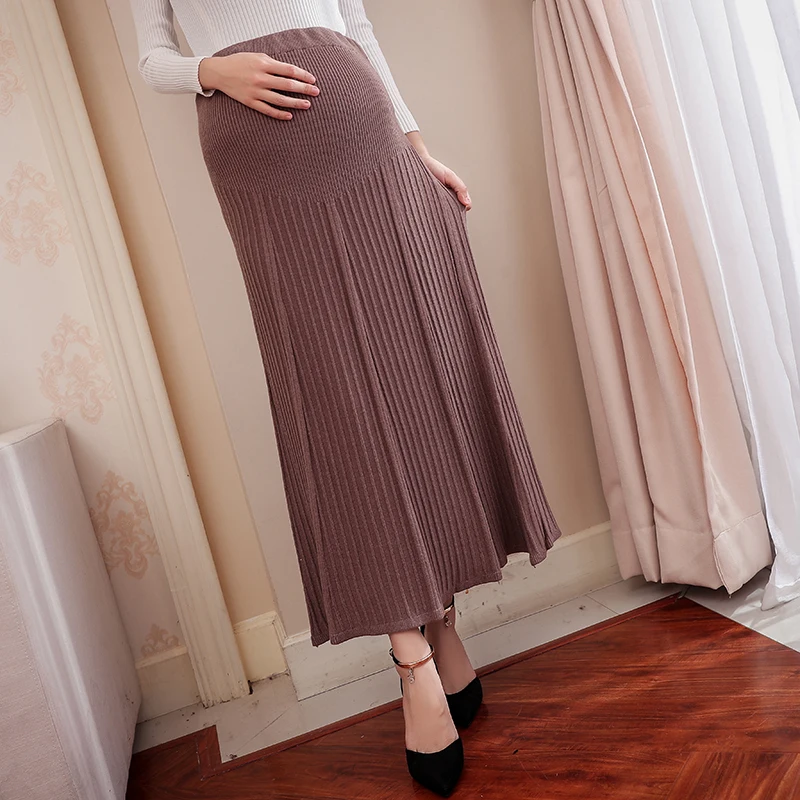Для талии, живота, эластичная длинная юбка для беременных, Одежда для беременных женщин, Осенние Очаровательные Вязаные Юбки для беременных