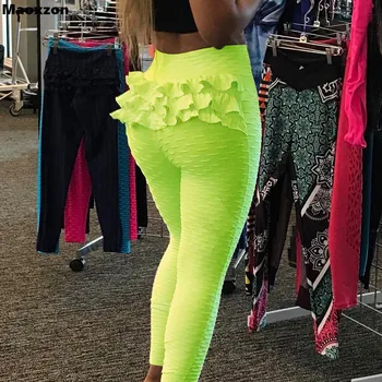 

Maoxzon Womens Jacquard Ruffles Sexy Fitness Slim Bodycon Leggings Trousers For Female Gymnasium Workout Elastic Skinny Pants