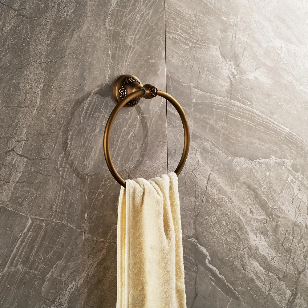 Antique Brass Flower Carved Wall Mounted Towel Rack Holder Rouned Towel