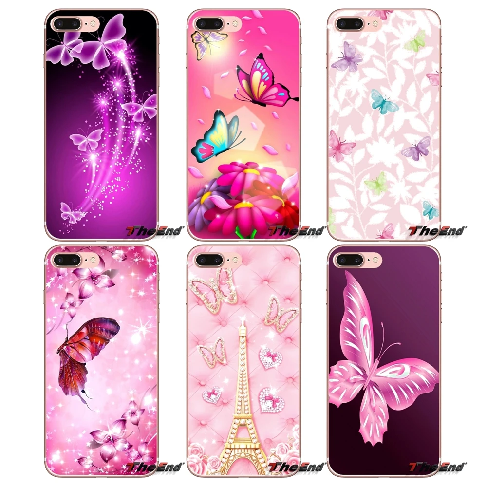 Силиконовые чехлы с розовой бабочкой Kawaii для iPhone X 4 4S 5 5S 5C SE 6 6S 7 8 Plus Samsung Galaxy J1 J3 J5 J7