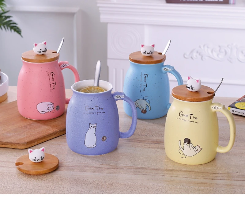 Необычная кружка термостойкая мультяшная чашка с Ложка Крышка чашка котенок кофейные керамические кружки детская чашка офисная Милая питьевая посуда в кошачьем стиле подарок