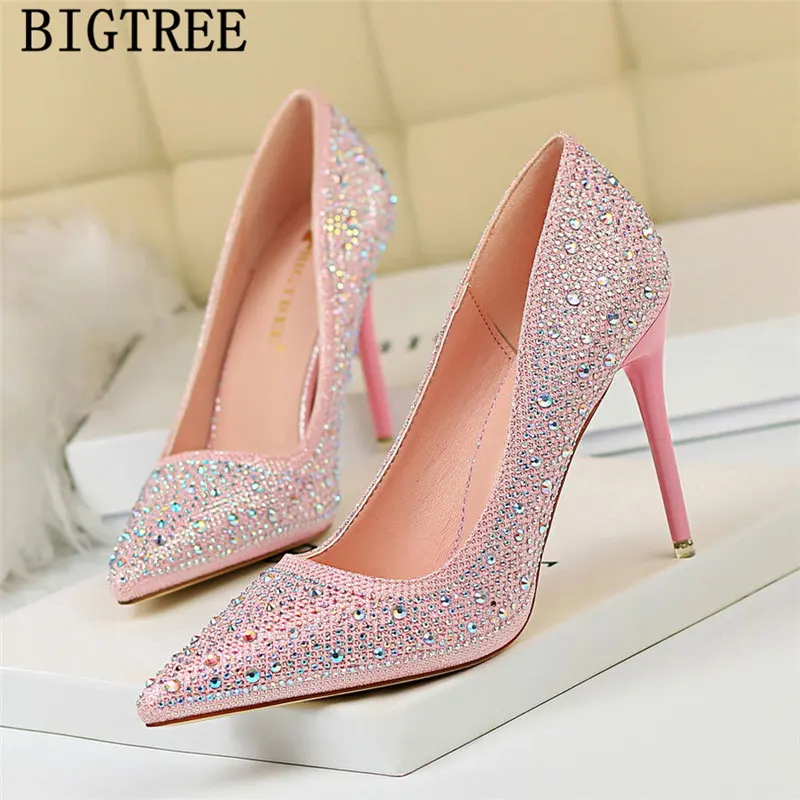

wedding heels crystal shoes ladies pumps bigtree shoes new arrival 2019 pink heels rhinestone shoes women luxury heels ayakkabi