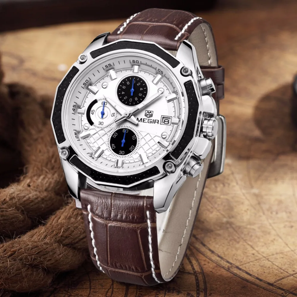 Мужские часы люксовый бренд Megir Бизнес Мужские наручные часы с кожаным ремешком Мужские спортивные часы с хронографом мужские
