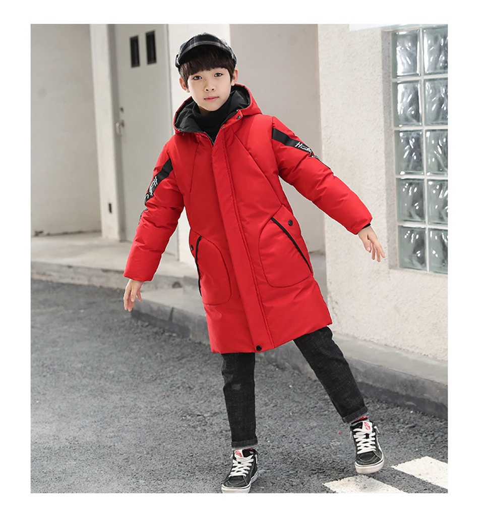 30 градусов детей Костюмы Одежда для мальчиков Теплый Зимний пуховик хлопковая куртка пальто с капюшоном для подростков, утепленная верхняя одежда для детей, куртка-парка - Цвет: Красный