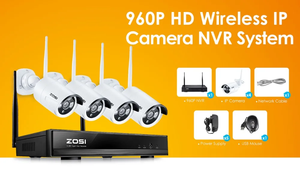 Discount ZOSI 4CH Wireless 1080P NVR CCTV System 960P IP Camera WIFI Waterproof IR Night Vison Home Security Camera Surveillance Kit 0