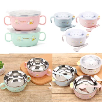 

1pc Kids Cute Cartoon Stainless Steel Bowl With Spoon Newborn Baby Feeding Training Bowl Children's Tableware Ecological Dishes