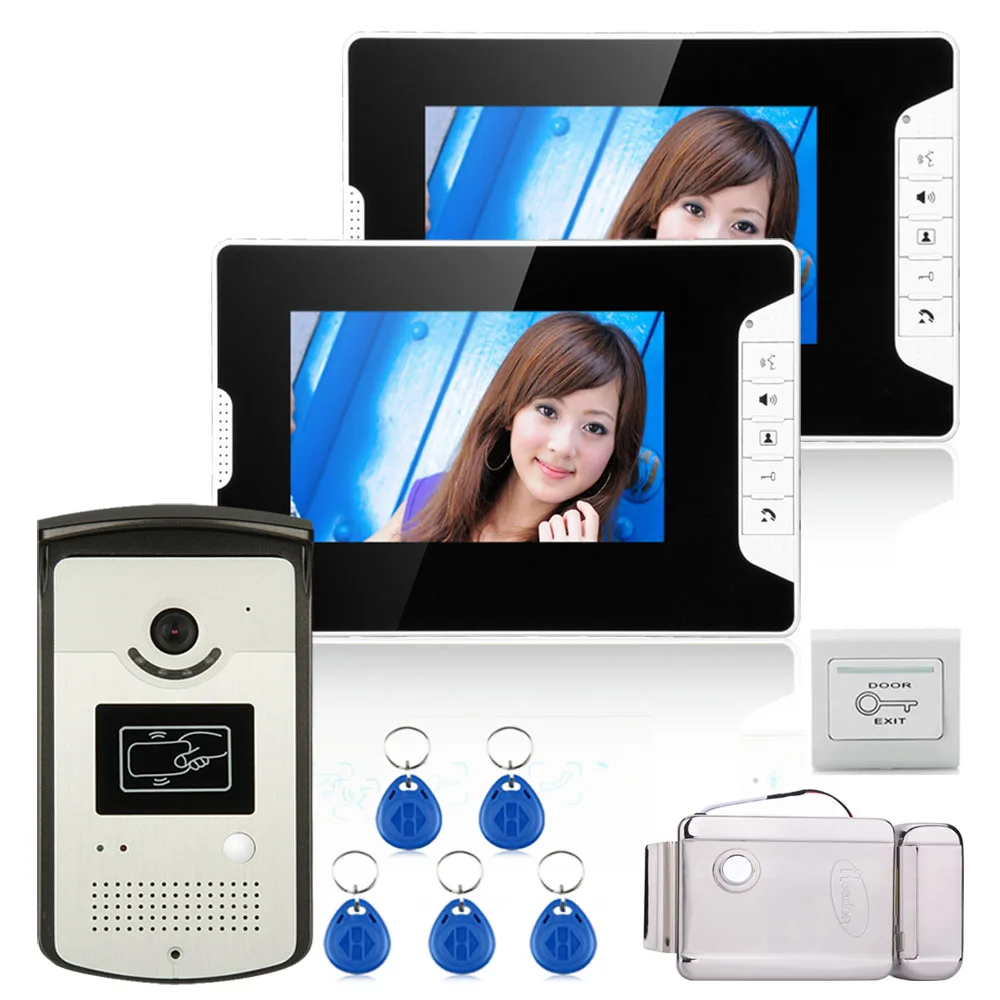 

7" Color Video Door Phone Intercom System With 2 Monitor 1 RFID HD Doorbell 1000TVL Camera + Electronic Door Lock