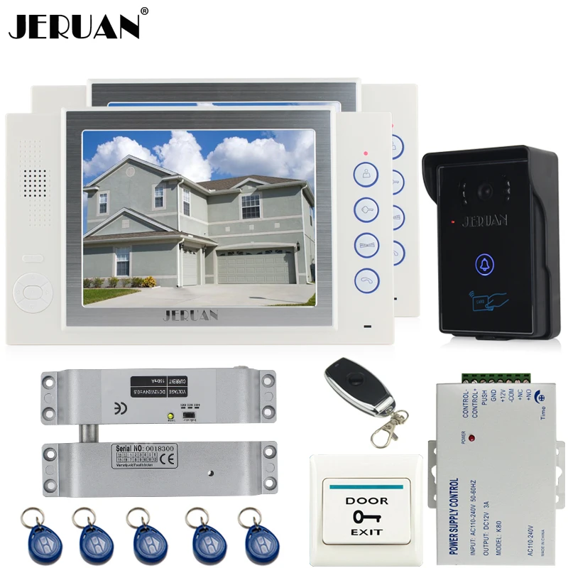 

JERUAN two luxury 8`` LCD video door phone doorbell intercom system 700TVL Camera video recording+Electric Bolt lock+8GB card