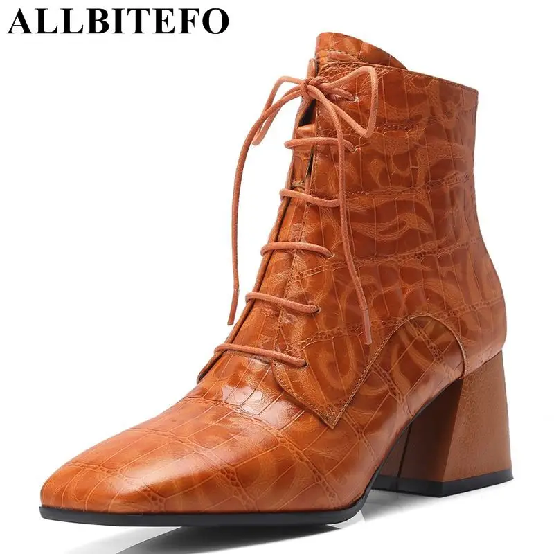 

ALLBITEFO size:34-42 genuine leather square toe thick heel women boots brand high heels ankle boots women winter women shoes
