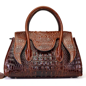 

Genuine Leather Messenger Shoulder Bags Tote Handbag Crocodile Pattern Fashion Oil Wax Cowhide Women Cross BodyTop Handle Bag
