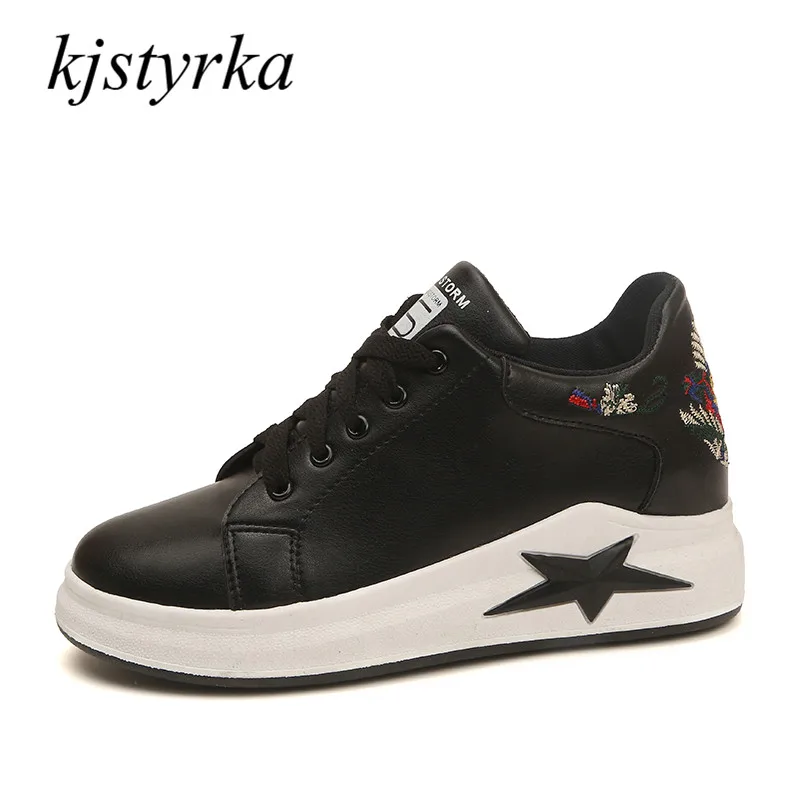 

Kjstyrka 2018 spring breathable lace up outdoor women shoes increase woman vulcanized sneakers white black student