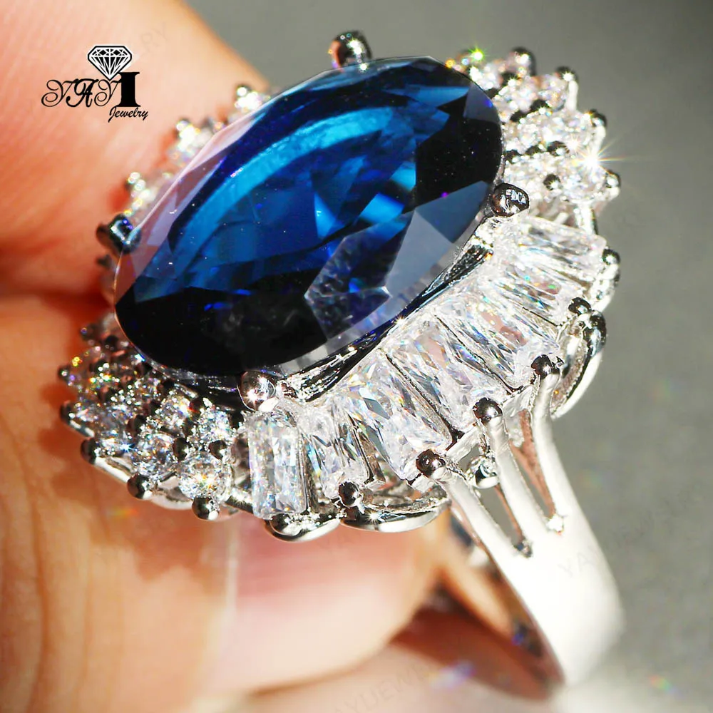 Gemstone Ring 12*16mm Sapphire Zircon Silver Color Engagement Wedding Valentine's Day Girls