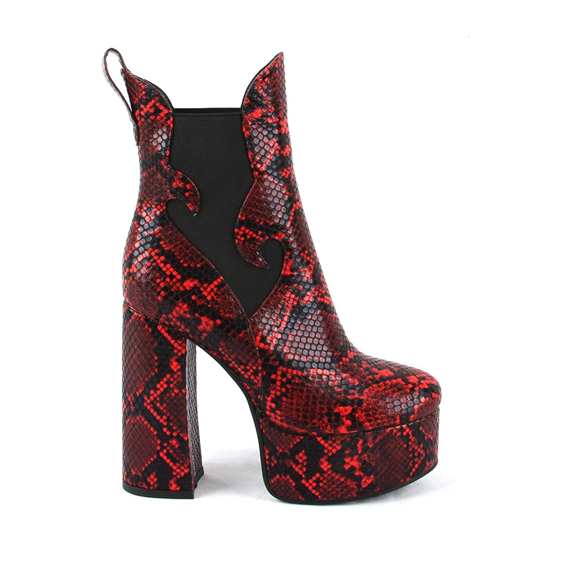 New Women Ankle Boots Platform PU Leather Boot Red Snake Skin Ladies Shoes Heeled Boots Autumn Winter Woman High Heel Shoes