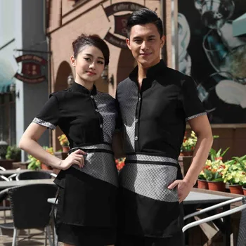 

(10 set-Shirt&Apron)black short style fast food uniforms restaurant wear waiter and waitress working suit cheap price by