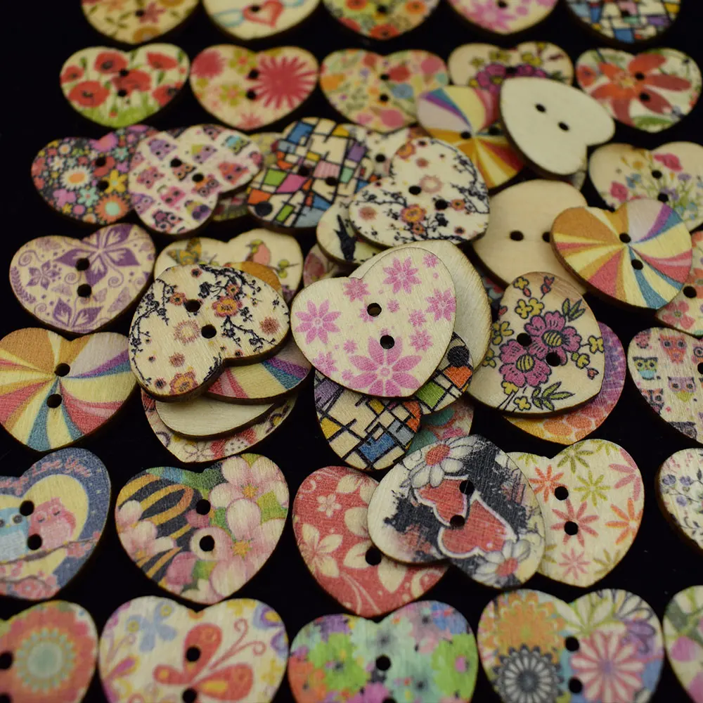 100PCS 25MM Multicolor Heart Shaped 2 Holes Wood Sewing Buttons Scrapbooking Home Wall Decor Children Kids Gift Wooden Button | Дом и сад