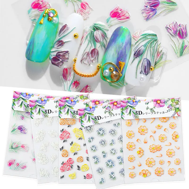 

3D Acrylic Engraved Natural Butterfly/Flower/Leaves/Rose Flower Nail Sticker Nail Water Decals Fashion Empaistic Nail Slider