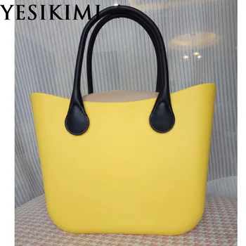 

Yellow Silicone Bag Women Bucket bags Casual Tote Summer Beach Purses 42CM Silica Handbag Design Bolsas With Khaki Insert Bag