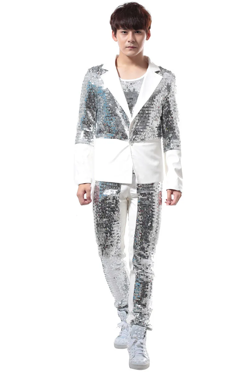 Куртка+ Штаны) прилив Для мужчин костюмы Серебристые блестки пиджаки сценический костюм для ночного клуба в стиле панк певец рок-наряде бар DJ танец носит