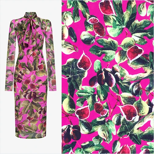 Мягкая льняная ткань из полиэстера и стрейч цвета фуксии с принтом в виде инжира для женщин на весну, лето, осень, платье, юбка, рубашка, швейная DIY-AF616