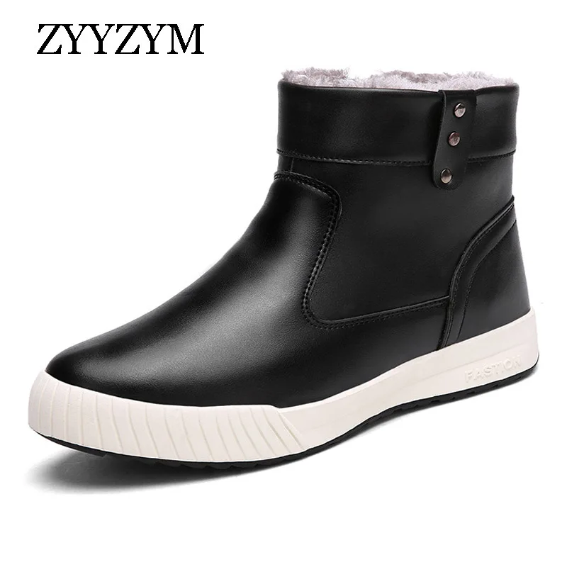 

ZYYZYM Men Snow Boots Winter Pu Leather Waterproof Rain Boots British Fashion Plush Keep Warm Boots For Men Hot Sale