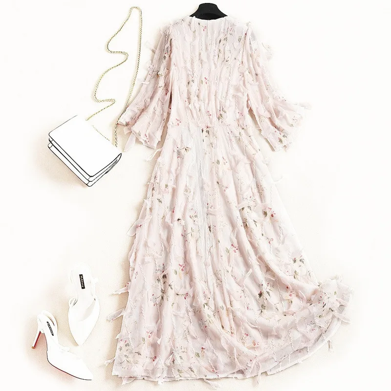 Shuchan Beach Dress Summer Designer Women Dresses 2018 High Quality Appliques Flare Sleeve V-neck Print Bohemian Dresses 10693