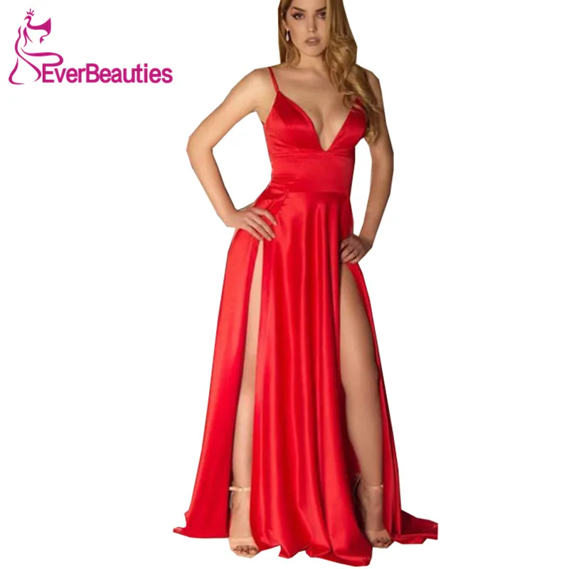 Красное вечернее платье Robe De Soiree длинное атласное с v образным вырезом и разрезом