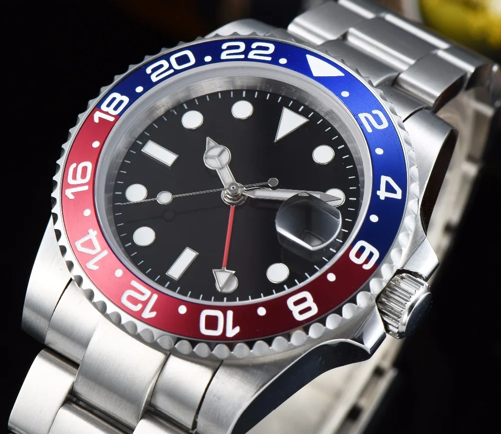 Мужские часы GMT 40 мм черный стерильный циферблат сапфировое стекло светящиеся стрелки красный/синий ободок автоматические часы L40-8