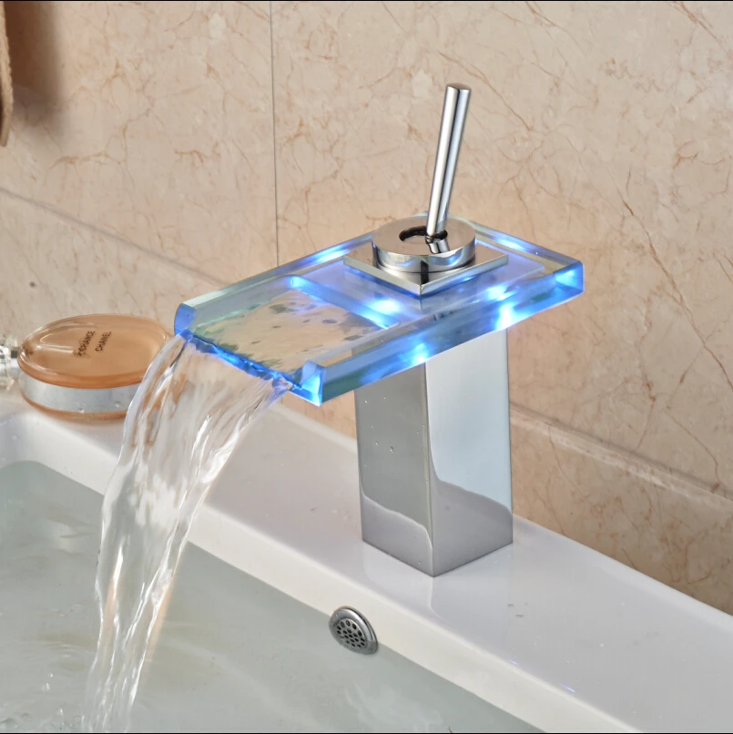 

Basin Sink Mixer Faucet Unique Handle Waterfall Spout Hot Cold Water Taps Chrome