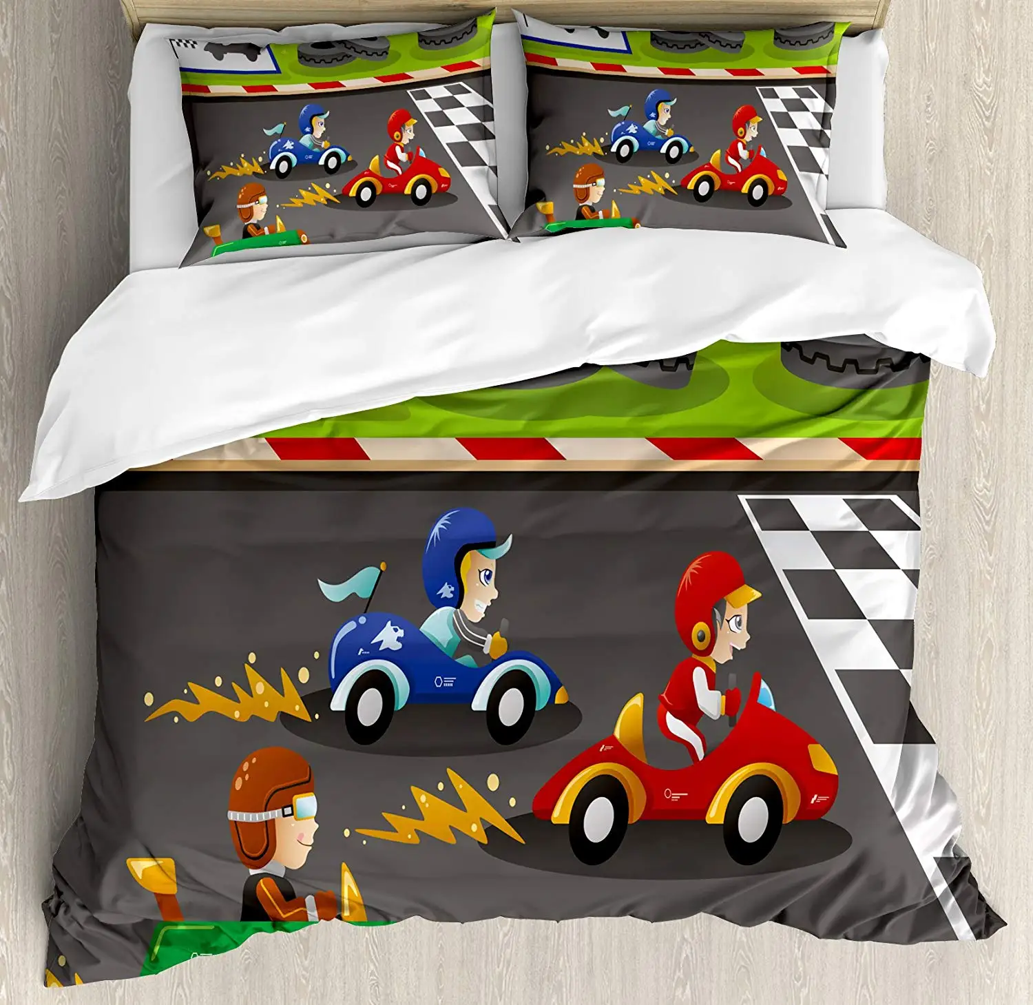 

Boy's Room Duvet , Cute Cars Children Race Baby Playroom Cartoon Artsy Design Decorative 3 Piece Bedding Set