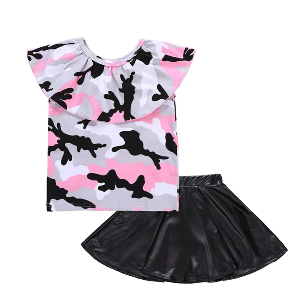 

Children Girls Fashion Camouflage Butterfly Sleeve T-shirt + PU Skirt Suit Children's Clothing Set