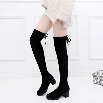 

Autumn and Winter Sexy Fashion Round Head Large Size Over The Knee Boots with Thick with Stretch Fabric Small Size Boots Women