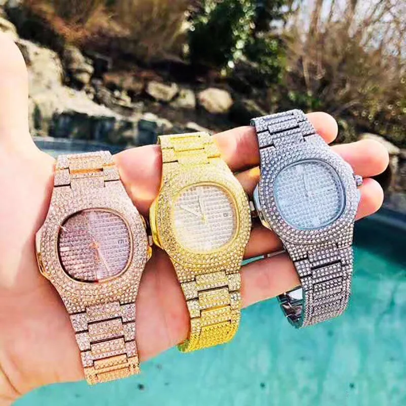 

Men Watches Fashion Diamond Date Quartz Watch Men Gold Steel Hip Hop Mens Watches Top Brand Luxury clock