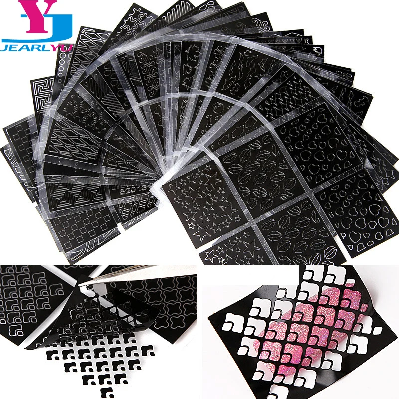 

24Pcs Nail Art Decorations Template Stickers Black Hollw Laser Nail Foil 3D Adesivi Unghie Model Sticker DIY Nail Tools Manicure