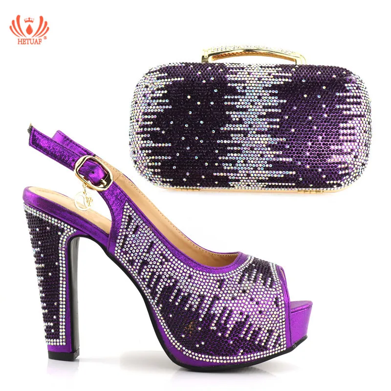

New Arrival Purple Color Shoes with Matching Bags for Wedding Women Shoes and Bag to Match for Party Nigerian High Heels Sandals