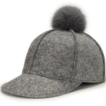 

Winter Women Wool Felt Baseball Cap Pompom Elegant Fitted Equestrian Caps Black Grey