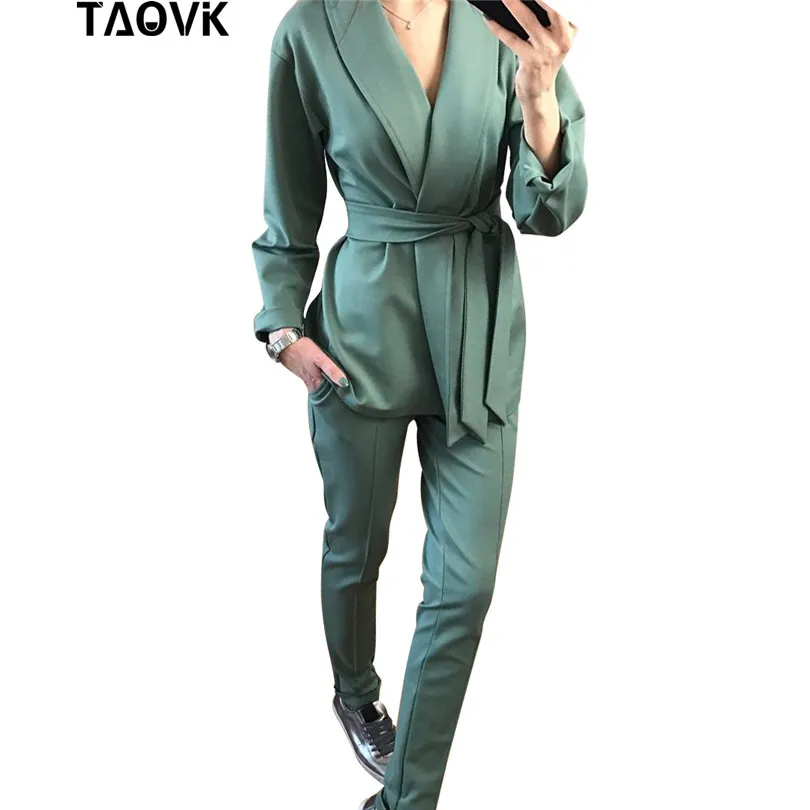 TAOVK مكتب سيدة بانت الدعاوى المرأة مجموعات حزام سترة أعلى و سروال شكل قلم رصاص اثنين من قطعة وتتسابق فام فرقة Pantsuit الربيع 2019