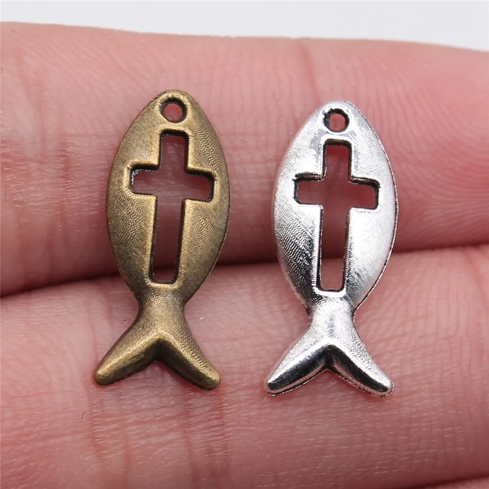 

WYSIWYG 30pcs 2 Colors Antique Silver Antique Bronze Tone 20x9mm Jesus Cross Fish Charms Pendant Jewelry Findings