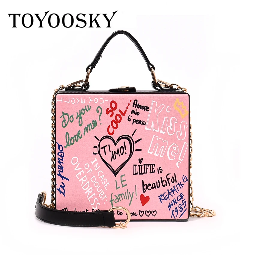 

TOYOOSKY 2018 Vintage fashion Letter printing pu leather box shape ladies handbag shoulder bag casual crossbody messenger bag